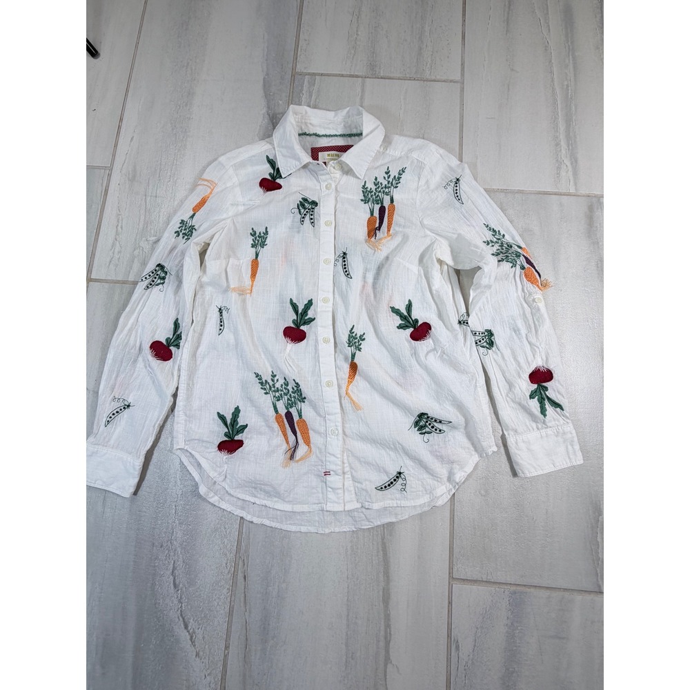 Maeve Anthropologie White Embroidered Vegetable Garden Button Down Shirt Size 2